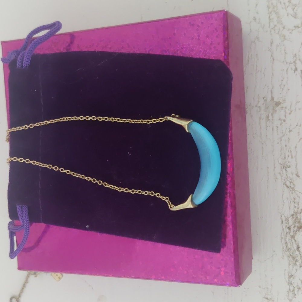 Gold Capped Crescent Lucite Necklace- Neon Blue
